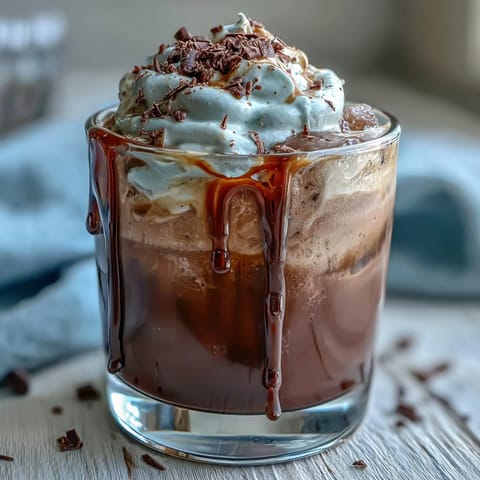 A creamy chocolate cold brew with velvety whipped chocolate cream floating atop chilled coffee.