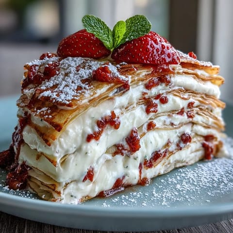 Mother's Day Crêpe Cake layered with strawberry mascarpone, a decadent dessert.