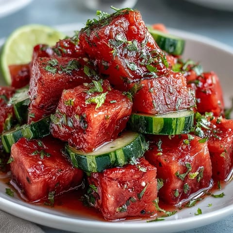 Diced watermelon cucumber salad with Tajin and lime, bursting with summer freshness.