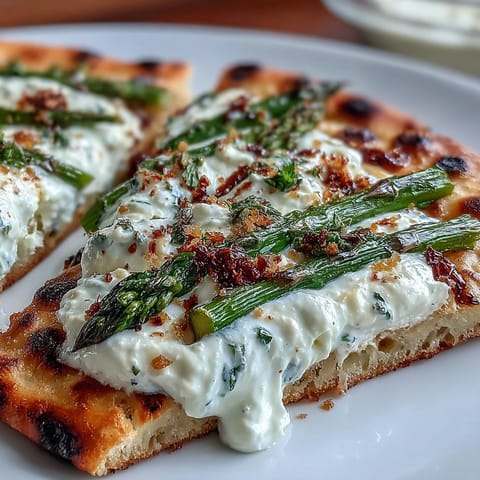 Roasted asparagus flatbread with creamy burrata and bright lemon zest topping.