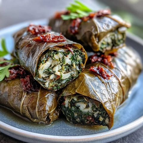 Savory stuffed grape leaves artfully arranged for a delicious Kurdish Dolma appetizer.