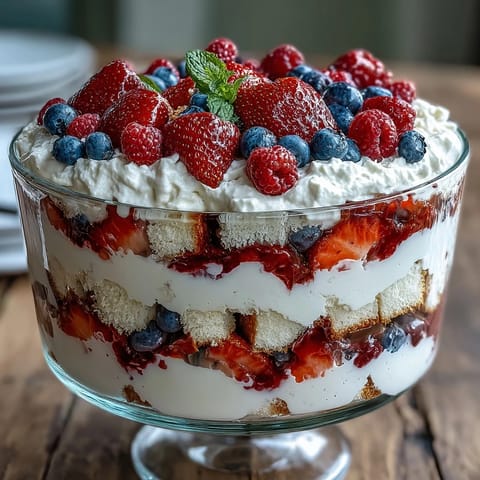 Red White Blue Berry Trifle: fluffy cake, vibrant berries, and cool cream layers.