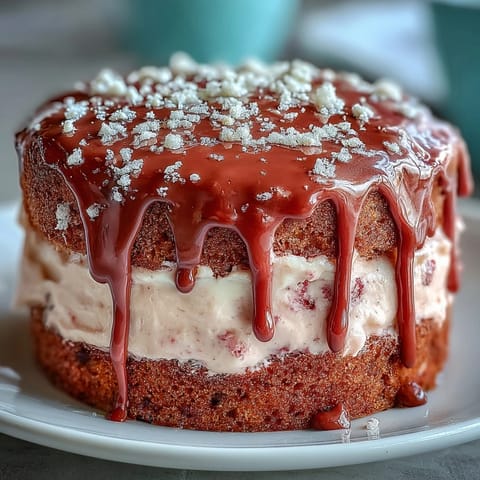 Decadent Bridal Shower Rosé Velvet Cake with shimmering gold drips.