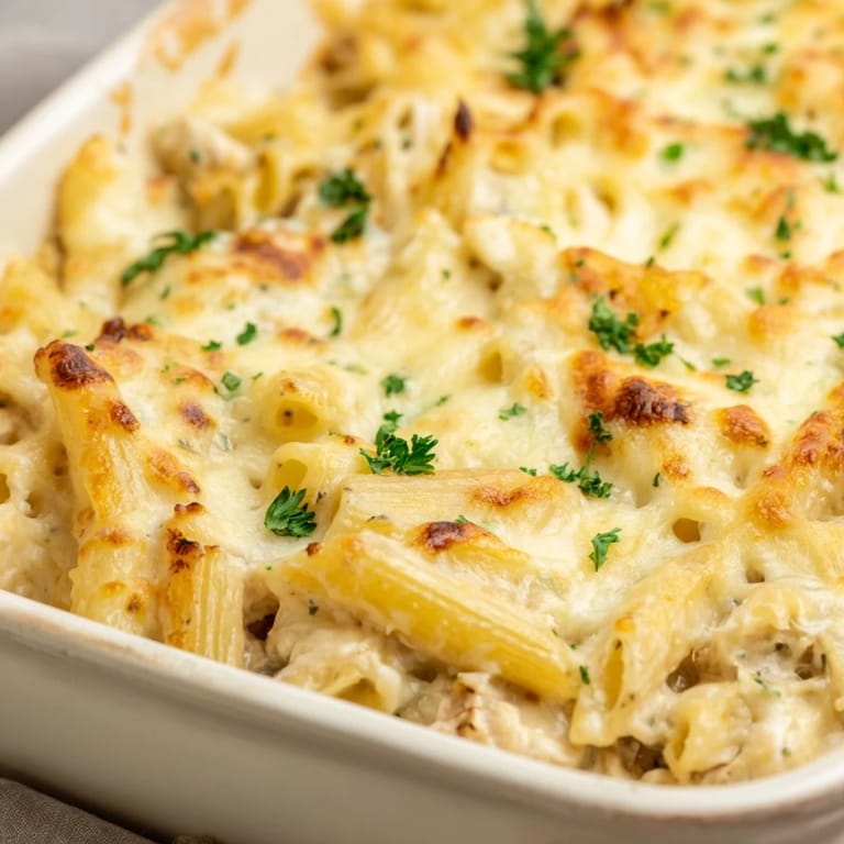 Golden, melted mozzarella covers the Chicken Alfredo Bake, sitting in a rustic casserole dish.