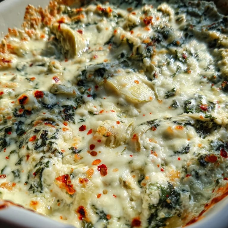 Creamy Spinach Artichoke Dip with a golden crust, scooped onto a blue plate alongside crunchy tortilla chips for dipping.