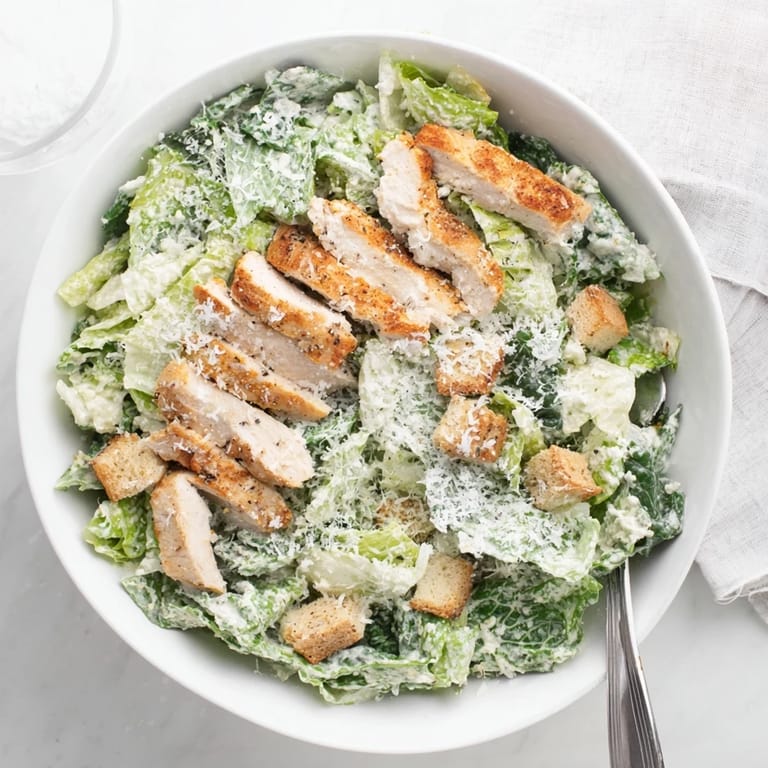 Juicy grilled chicken rests on crunchy romaine, finished with shaved Parmesan and croutons in a bright, appetizing bowl.