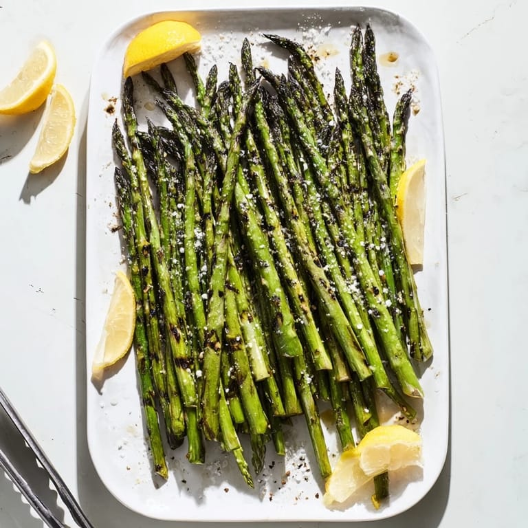 Freshly grilled asparagus spears lightly charred, garnished with lemon wedges.