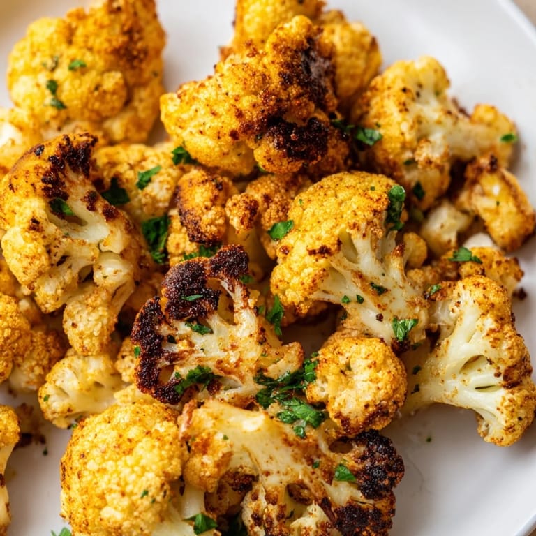 Freshly roasted Roasted Cauliflower tossed with olive oil and herbs, garnished with parsley and a bright squeeze of lemon juice.