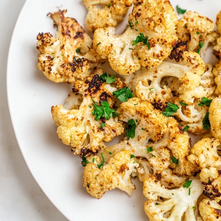 Crispy and caramelized Roasted Cauliflower pieces, seasoned with garlic and paprika, plated for a healthy low-carb dinner side.