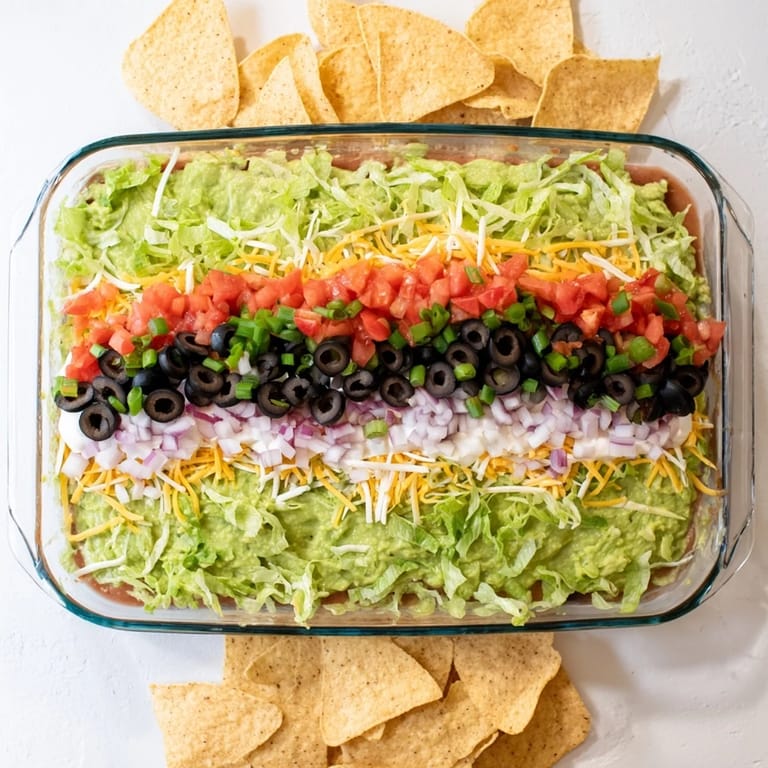 Party-ready seven-layer dip in a glass dish, colorful and loaded with Tex-Mex flavor.