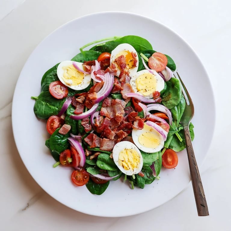 Overhead view of Spinach Salad with Bacon with halved cherry tomatoes and thinly sliced red onion, ideal for an easy gluten-free lunch or light dinner.