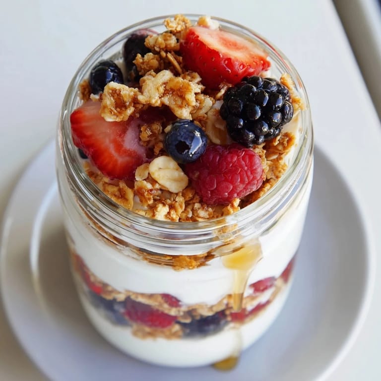 A finished Berry Parfait topped with strawberries and blueberries, perfect for a light breakfast.