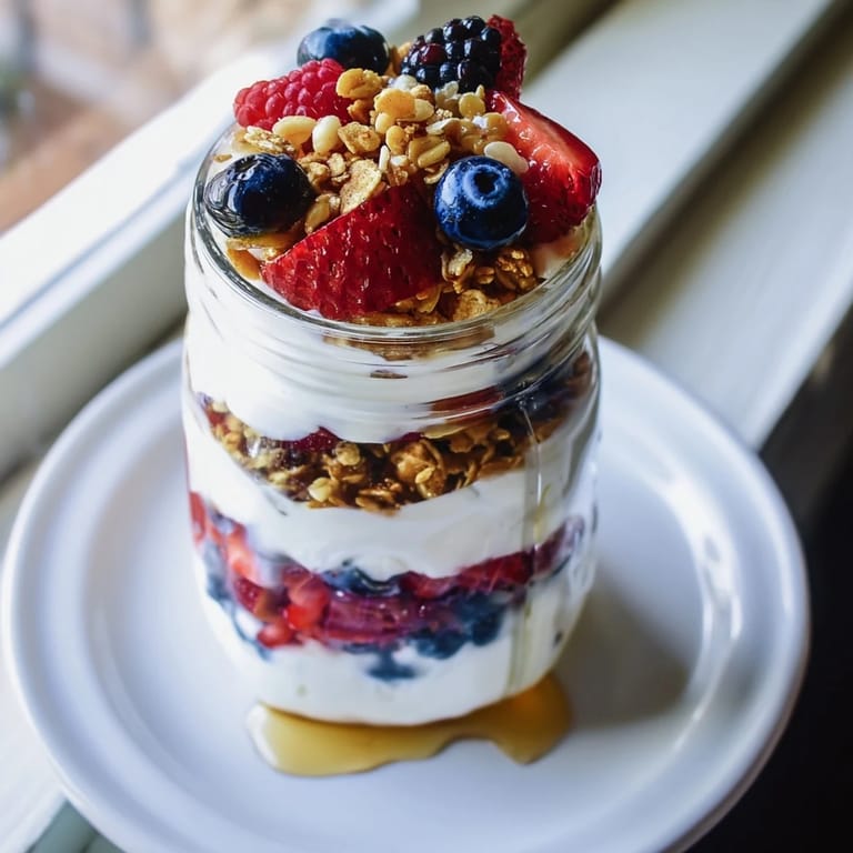Top-down view of Berry Parfait in a jar, showing vibrant berry layers and a honey drizzle.