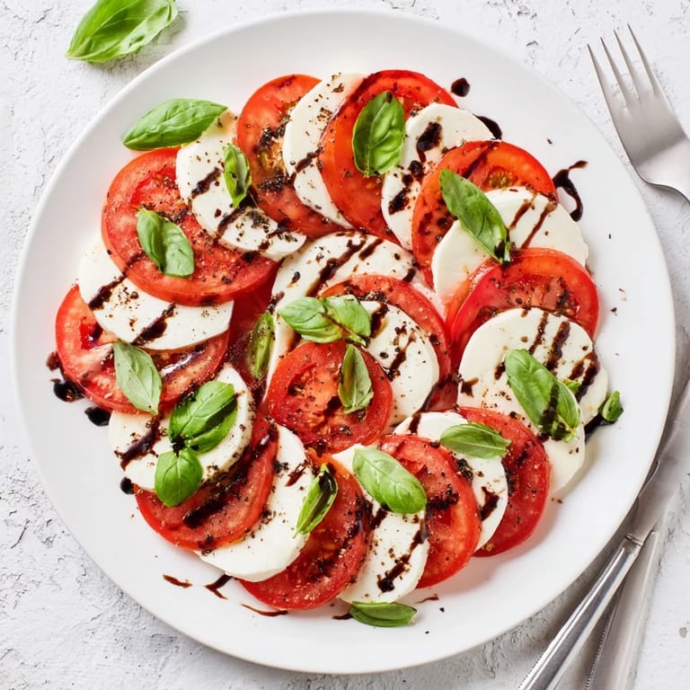 Close-up of Caprese Salad with juicy tomato rounds, melted mozzarella, and a sweet balsamic drizzle on a rustic table.