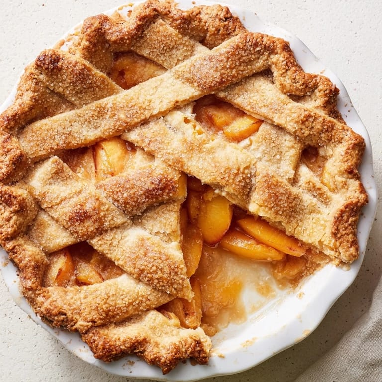 Warm Peach Pie is served with a scoop of melting vanilla ice cream on a white dessert plate.