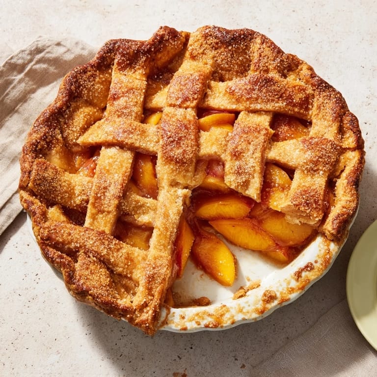 Homemade Peach Pie with a lattice top, ready to slice and enjoy after cooling on a wire rack.