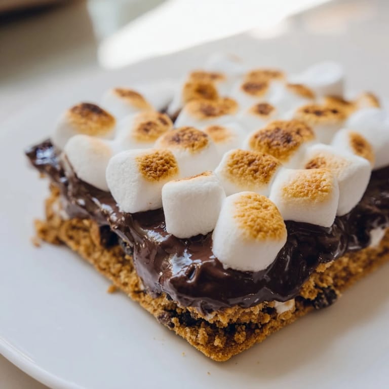 Freshly baked S'mores Bars stacked high, featuring gooey chocolate and toasted marshmallow layers.