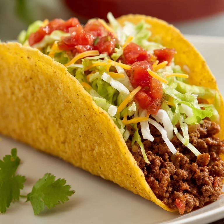 Homemade ground beef tacos served warm with crisp lettuce and melted cheese on crunchy shells.