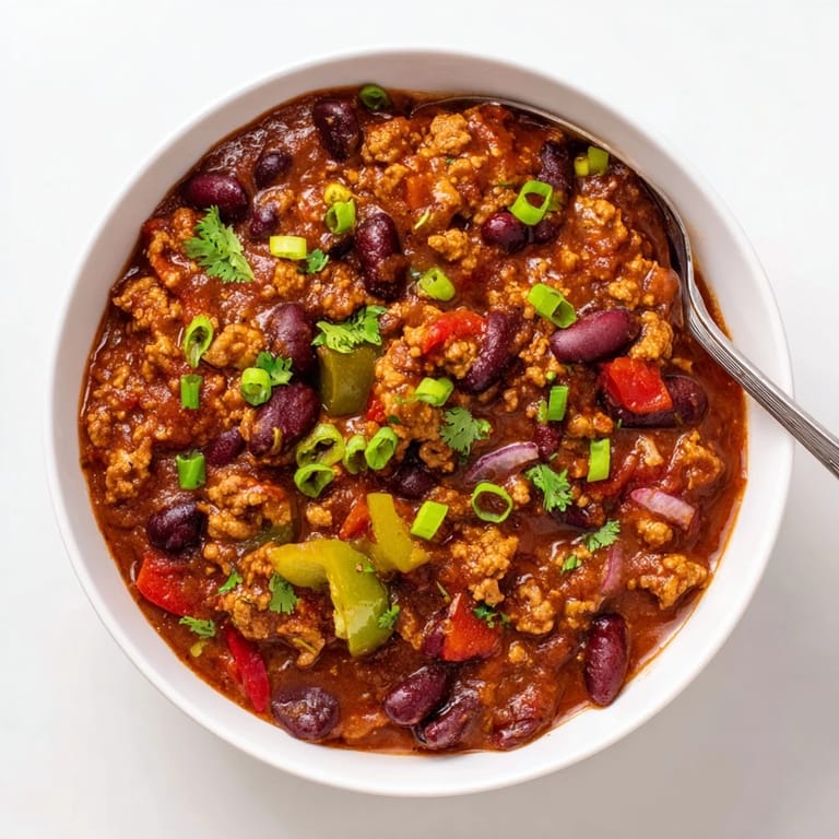 Homemade Turkey Chili served in a white bowl with a dollop of sour cream and a side of buttery cornbread for dipping.