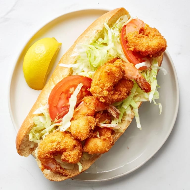 Freshly prepared Shrimp Po Boy sandwich with Cajun-spiced crust and zesty lemon wedge garnish.
