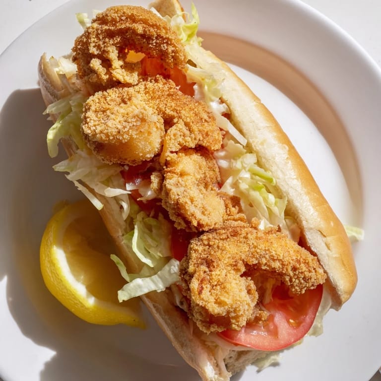 Golden-brown Shrimp Po Boy served on a soft hoagie bun with pickles and mayonnaise spread.