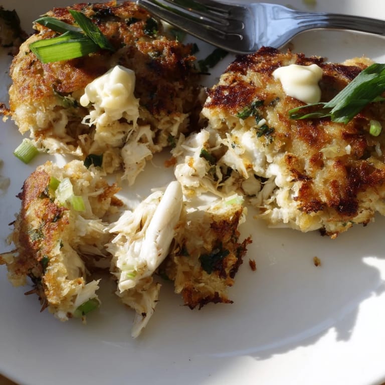 Pan-fried crab cakes garnished with fresh herbs, ready to serve alongside a creamy dipping sauce.