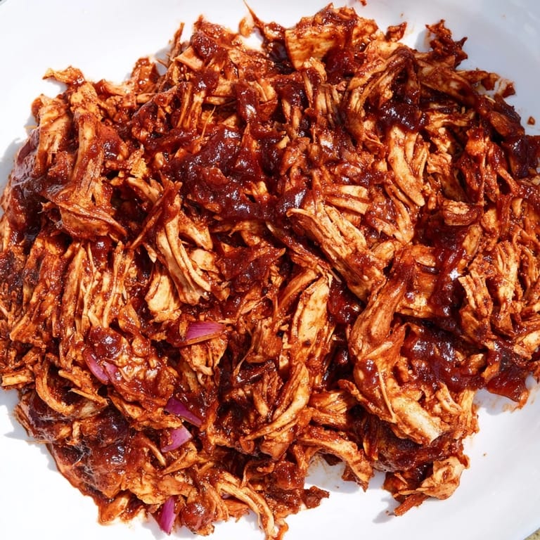 Hearty serving of gluten-free BBQ Pulled Chicken on a plate, drizzled with extra sauce and fresh parsley.