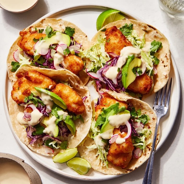 Freshly assembled Baja Fish Tacos on a plate, vibrant cabbage slaw and creamy sauce spilling over golden fried fish.
