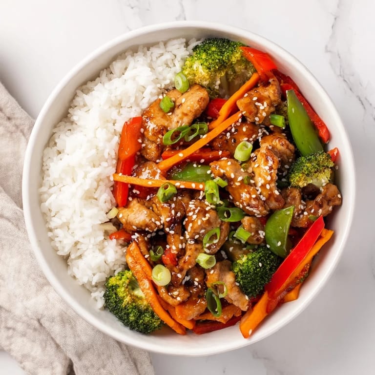 A close-up shows a fork lifting tender teriyaki chicken and crisp broccoli over rice, drizzled with savory sauce.