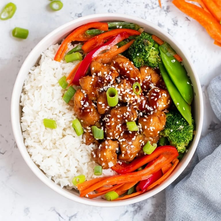 A hearty serving of teriyaki chicken bowl with fluffy rice, glazed meat, and colorful vegetables, garnished with sesame seeds.