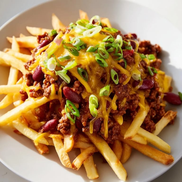 Hot Chili Cheese Fries on a platter, bubbling cheddar over seasoned beef chili.