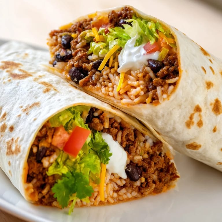 This easy Beef Burrito is sliced open to reveal its hearty, colorful filling, perfect for a weeknight dinner.