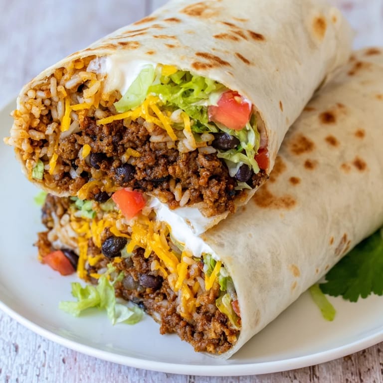 A delicious homemade Beef Burrito served with sour cream and diced tomatoes, ready to enjoy for a satisfying lunch.