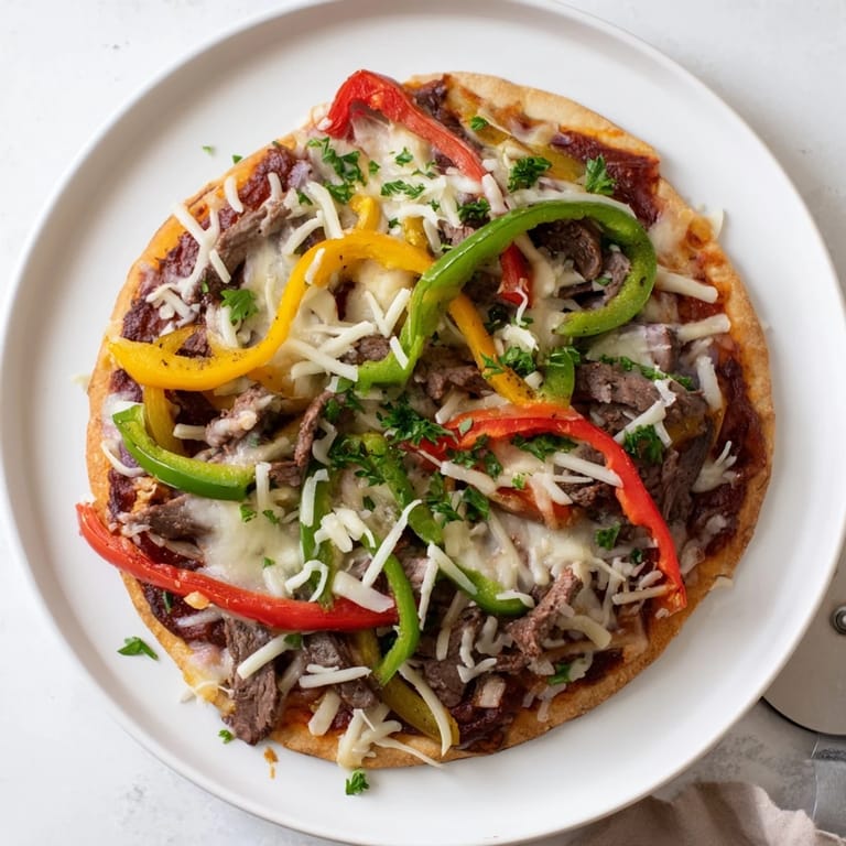 A close-up of Philly Cheesesteak Pizza topped with gooey cheese blend, tender steak, and vibrant bell peppers on a wooden board.