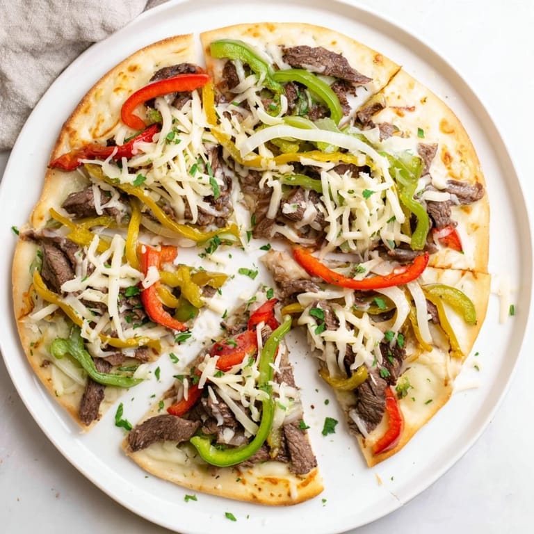 Golden-brown Philly Cheesesteak Pizza slice being lifted, showcasing stringy melted mozzarella, savory steak, and onions on a crisp crust.