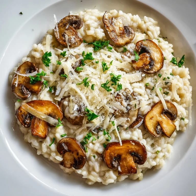 Close-up of Roasted Mushroom Risotto showing rich, creamy texture and caramelized mushroom pieces on top.