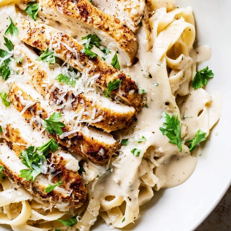 A hearty plate of Cajun Chicken Alfredo, topped with extra Parmesan and a sprinkle of red pepper flakes.