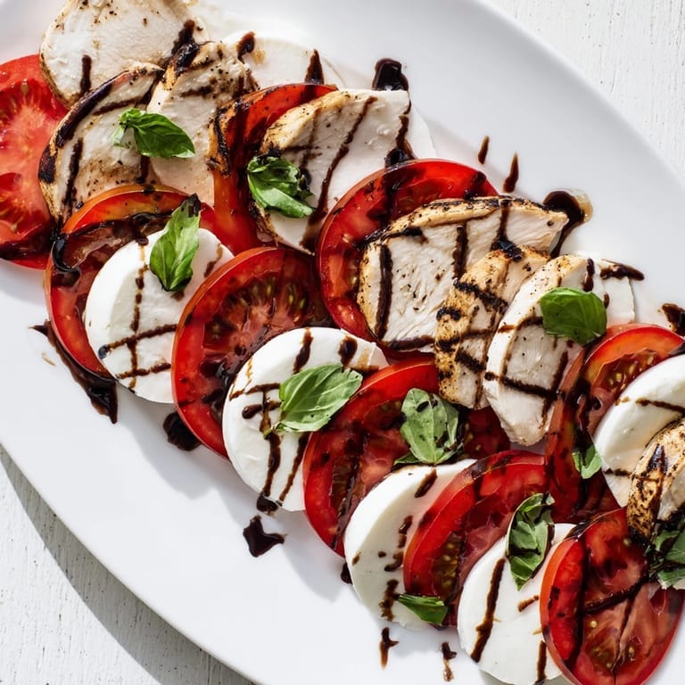 A freshly plated Chicken Caprese Salad, perfect for a light lunch or healthy dinner, featuring colorful tomatoes and mozzarella with a generous balsamic reduction.