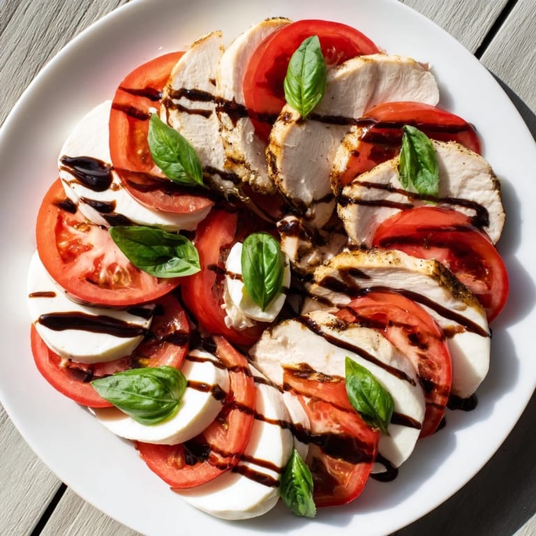 A close-up of Chicken Caprese Salad with layered ingredients, showcasing fresh basil leaves and a glossy balsamic drizzle on the hearty grilled chicken slices.