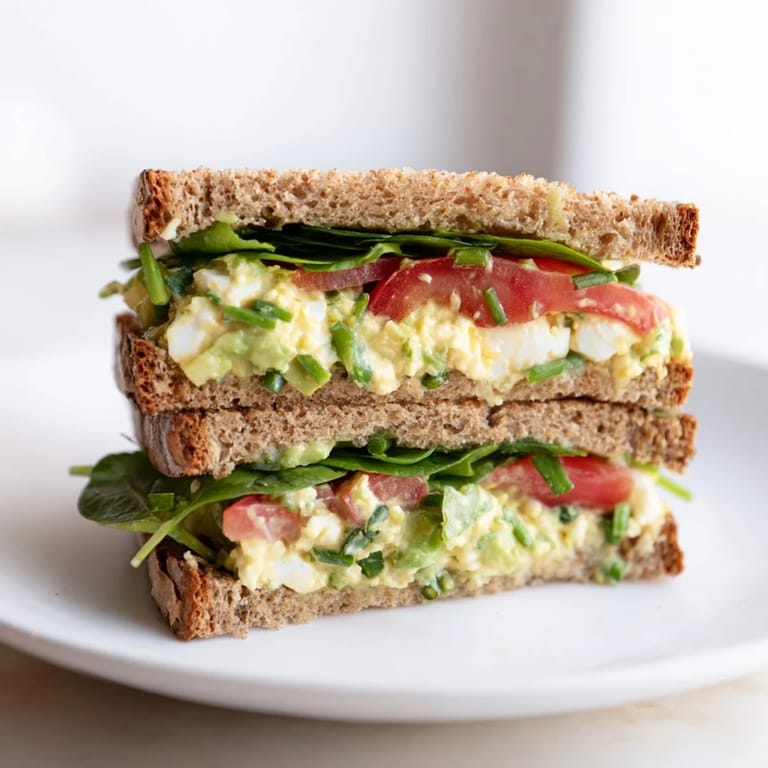 A close-up view of a freshly made avocado egg salad sandwich with spinach leaves and sliced tomatoes.  