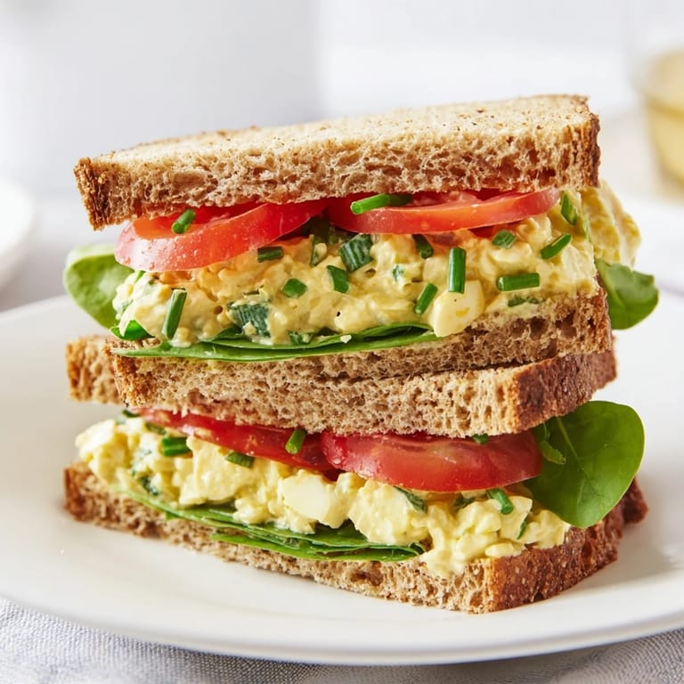 Healthy avocado egg salad sandwich served on whole grain bread with Greek yogurt and fresh lemon juice.