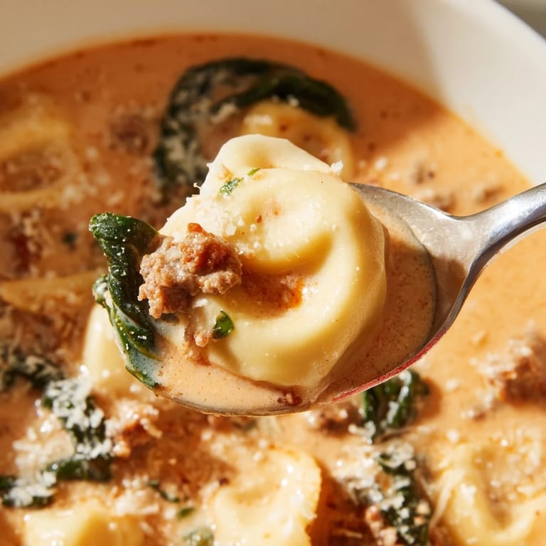 Hearty Tuscan Tortellini Soup featuring cheesy tortellini and tender spinach, simmering in a velvety tomato-cream broth for a comforting dinner.