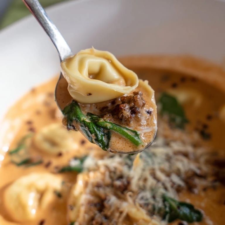 Cozy bowl of Tuscan Tortellini Soup with sausage and spinach, garnished with fresh basil and ready to serve with crusty bread.