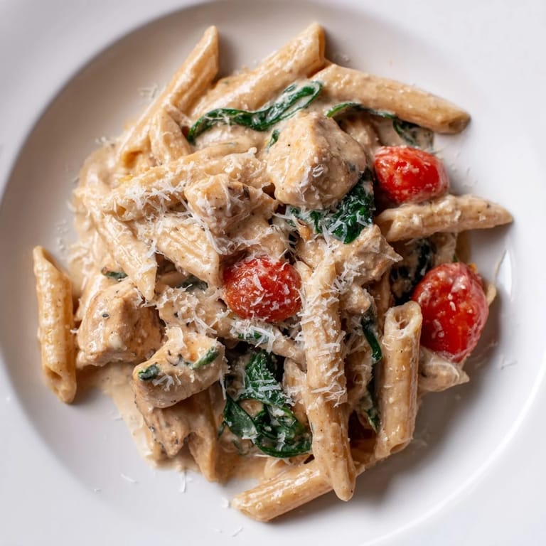 A hearty plate of Greek Yogurt Chicken Pasta with wilted spinach and grated Parmesan, ready to serve for dinner.