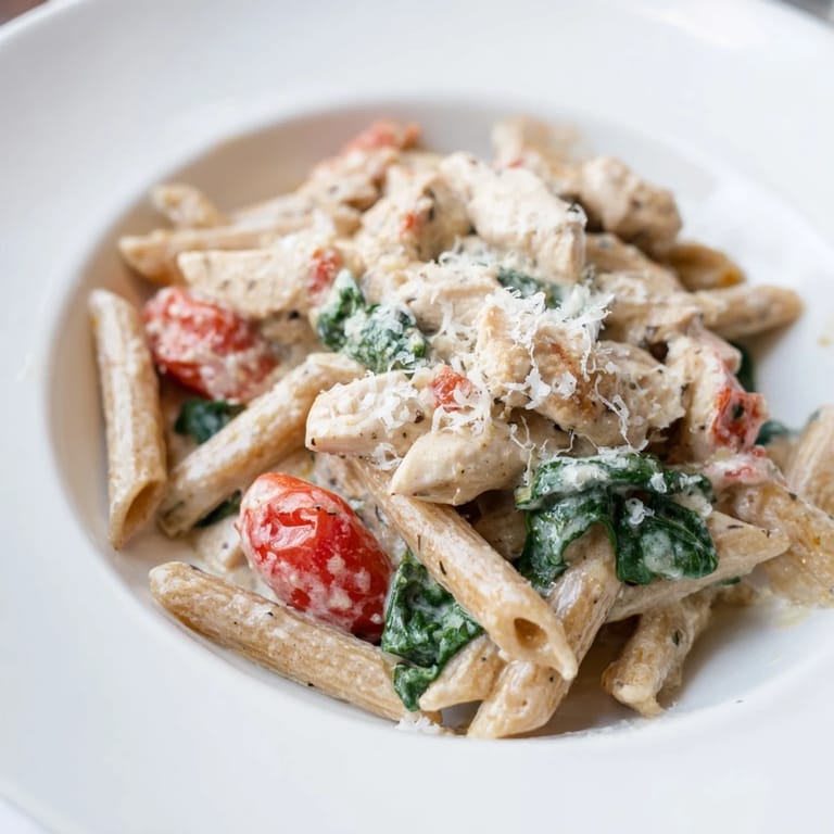 A skillet of Greek Yogurt Chicken Pasta mixed with whole wheat penne, topped with fresh basil and lemon wedges.