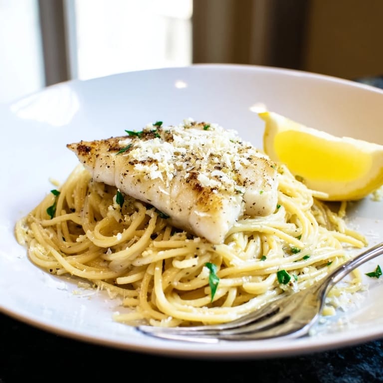 Flaky grilled bass with al dente spaghetti in a bright lemon-butter sauce, served with extra Parmesan and a lemon wedge for squeezing.