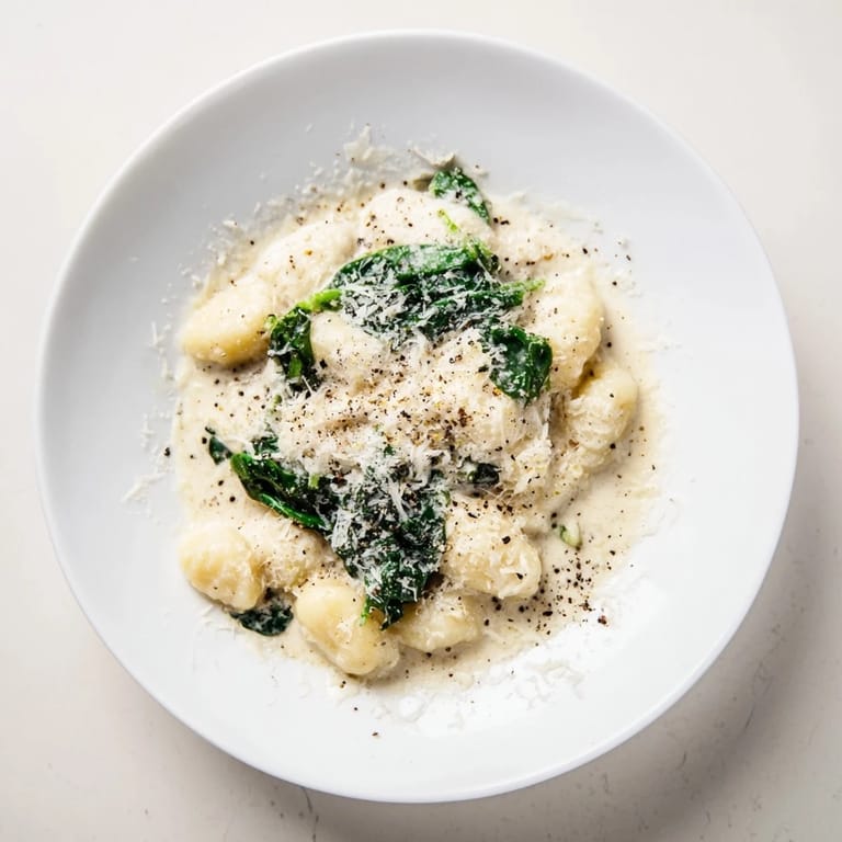 Restaurant-quality Creamy Garlic Gnocchi served hot, garnished with extra Parmesan for a comforting meal.