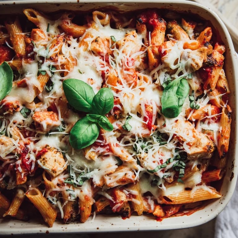 Freshly baked Pesto Chicken Pasta Bake featuring tender chicken, penne, and vibrant basil pesto in a creamy tomato sauce.