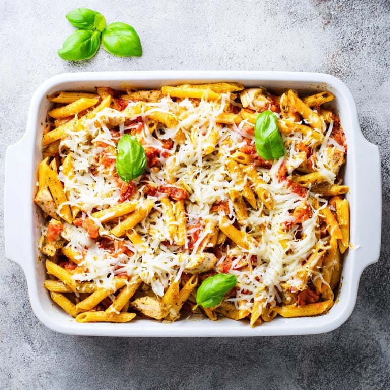 A slice of cheesy Pesto Chicken Pasta Bake with golden edges served on a white plate with a side salad.