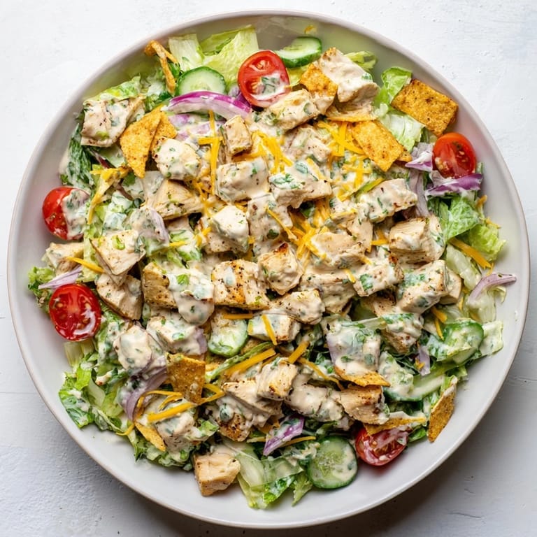 Fresh Jalapeño Ranch Chicken Salad in a white bowl, topped with crispy tortilla strips and cheddar cheese.
